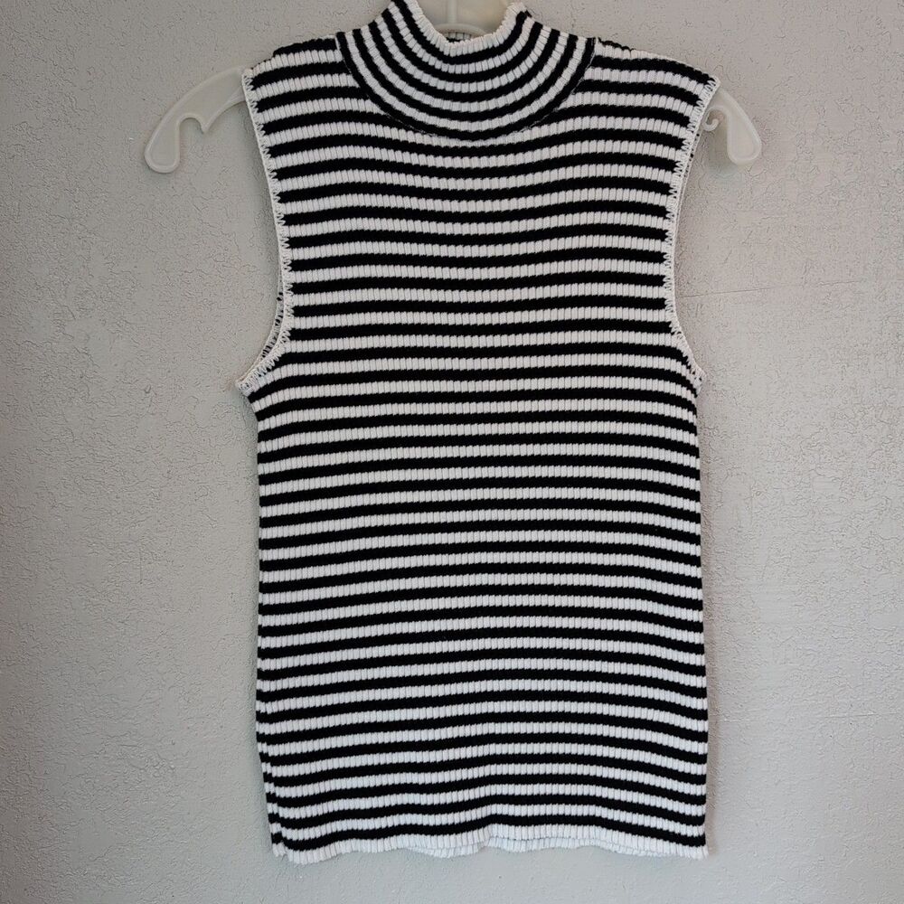 Erik Stewart Women's Small Mock Neck Ribbed Knit Black White Stripe Tank Stitch